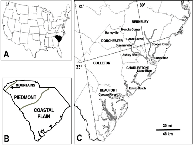 South Carolina and ground sloth fossil localities: A) Map of United States showing location of South Carolina; B) Map of South Carolina showing physiographic provinces; C) Localities on the Coastal Plain of South Carolina where ground sloth fossils have been collected. Map by S. Fields
